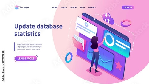 Isometric concept young girl updates the statistical data, working on the large tablet. Concept for web design