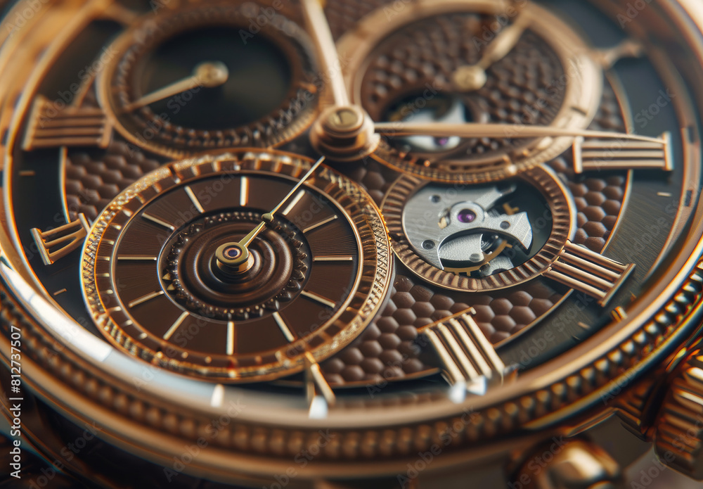A closeup of the hands on an expensive watch, with intricate details and textures visible in the face and strap. The background is blurred to emphasize the focus on the timepiece