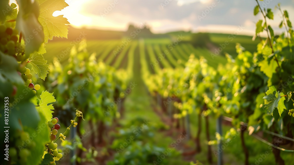 A vineyard with a lot of green vines and a bright sun shining on them. The sun is casting a warm glow on the vines, making them look even more lush and vibrant. The scene is peaceful and serene A vineyard with a lot of green vines and a bright sun shining on them. The sun is casting a warm glow on the vines, making them look even more lush and vibrant. The scene is peaceful and serene