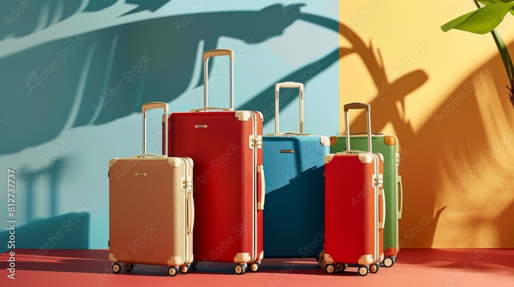 Classic Luggage Set Against Colorful Backdrop Classic Luggage Set Against Colorful Backdrop