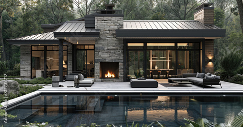 A luxury modern farmhouse style home with an outdoor fireplace. Created with Ai © stock