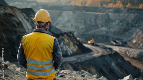 Worker overlooking a vast mining operation at dusk. Created with Generative AI.