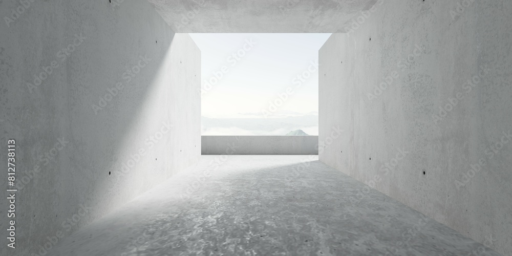 Abstract empty, modern concrete room with opening to cloudy mountain view and balcony and rough floor - industrial interior background template Abstract empty, modern concrete room with opening to cloudy mountain view and balcony and rough floor - industrial interior background template