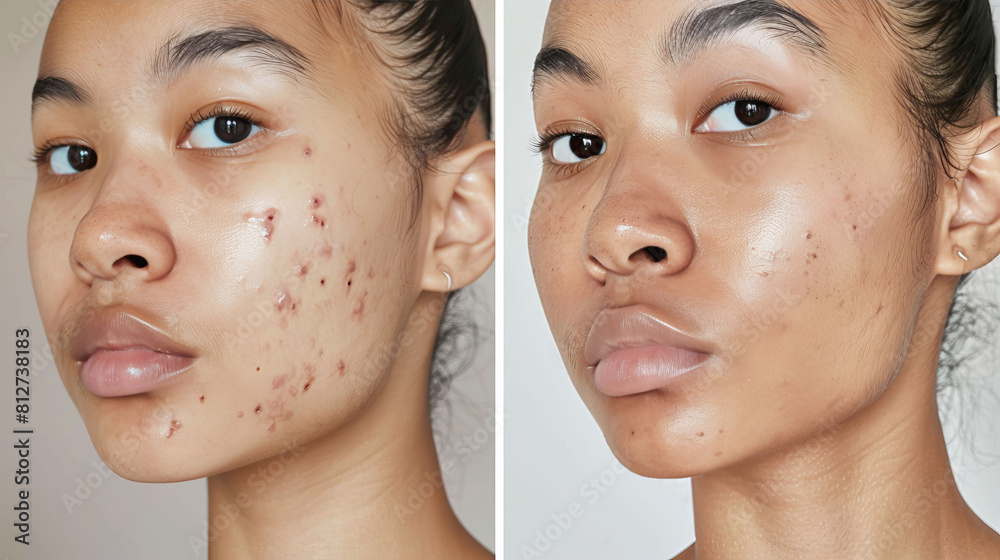 Transformation of Facial Skin Before and After Natural Acne Remedies, Revealing Clearer and Healthier Complexion with Aloe Vera and Tea Tree Oil. Transformation of Facial Skin Before and After Natural Acne Remedies, Revealing Clearer and Healthier Complexion with Aloe Vera and Tea Tree Oil.