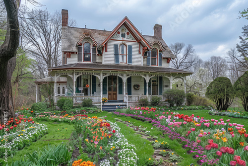 A large, twostory Victorianstyle house with intricate woodwork and tall windows is surrounded by lush green lawns filled with colorful flowers. Created with Ai   photo