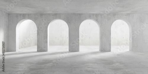Abstract empty, modern concrete room with row of door opening in the back wall and rough floor - industrial interior background template