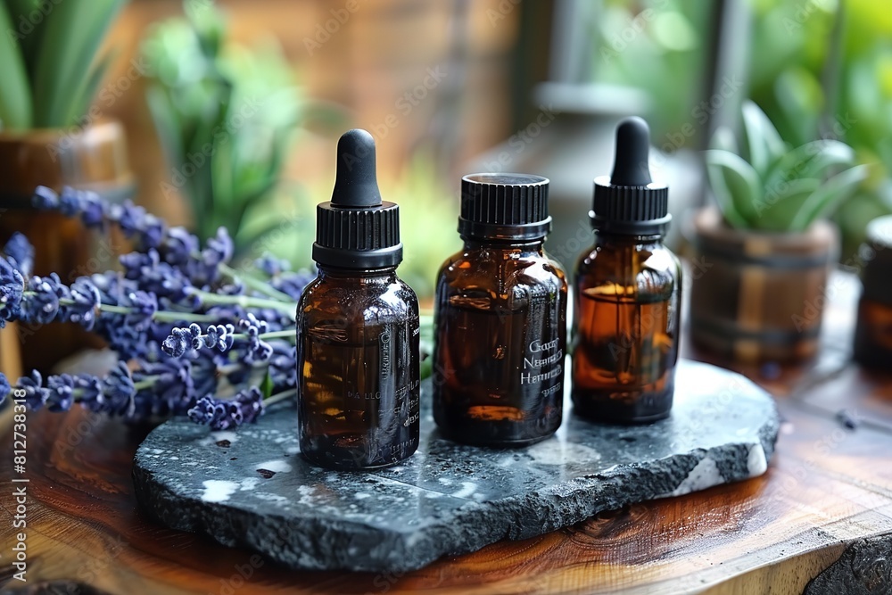Lavender essential oil displayed on a rustic wooden table with a blurred background Lavender essential oil displayed on a rustic wooden table with a blurred background