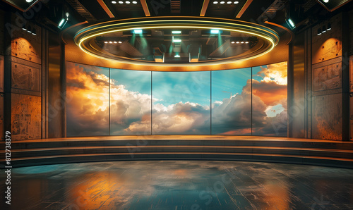 A virtual background on the screen in a TV studio is an innovative solution that allows you to easily replace the background during production. photo