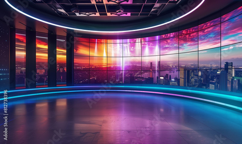 A virtual background on the screen in a TV studio is an innovative solution that allows you to easily replace the background during production. photo