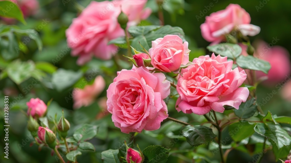 Pink roses on stem and pink roses in garden with green foliage artificial intelligence Pink roses on stem and pink roses in garden with green foliage artificial intelligence