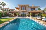 A luxurious stone villa with large windows and an outdoor pool. Created with Ai 