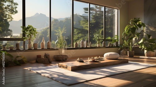 Tranquil Home Yoga A Young Woman Seeking Peace and Wellbeing in a Sunlit Minimalist Room