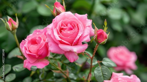 Pink roses on stem and pink roses in garden with green foliage artificial intelligence