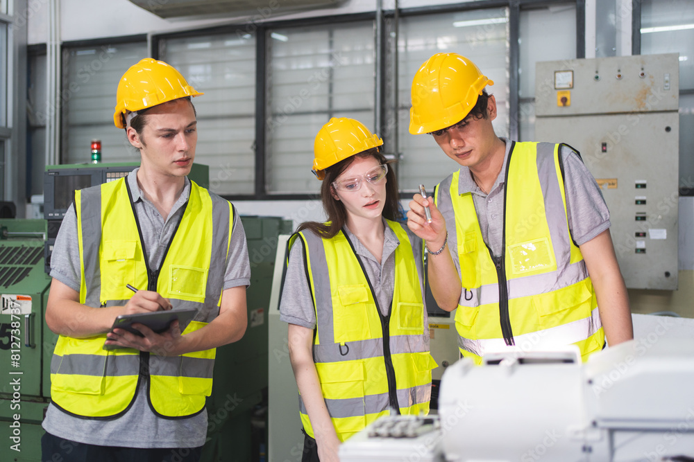 A Group of engineer are examining machine robot arm with smart tablet. Installation indoor industrial factory. Technician coworker check for repair maintenance electronic operation with remote system A Group of engineer are examining machine robot arm with smart tablet. Installation indoor industrial factory. Technician coworker check for repair maintenance electronic operation with remote system