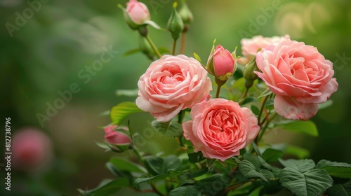 Pink roses on stem and pink roses in garden with green foliage artificial intelligence