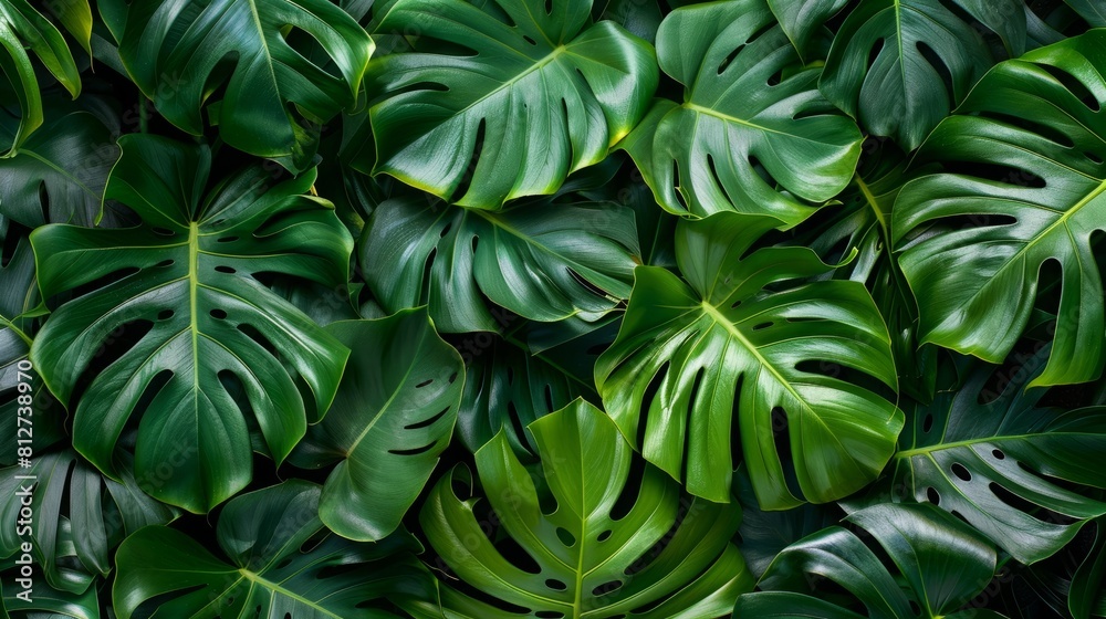 Fototapeta premium Monstera leafs background suitable for wallpaper or to represent as backdrop or mockup.