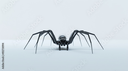 An isolated black spider robot with metallic body and sharp legs against a white backdrop, symbolizing advanced technology.