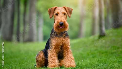 Airedale Terrier breed dog sitting on green grass in summer garden, puppy portrait, domestic pet