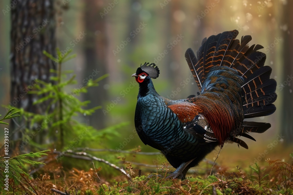 Fototapeta premium Black grouse shows off its impressive plumage in the tranquility of a dense forest