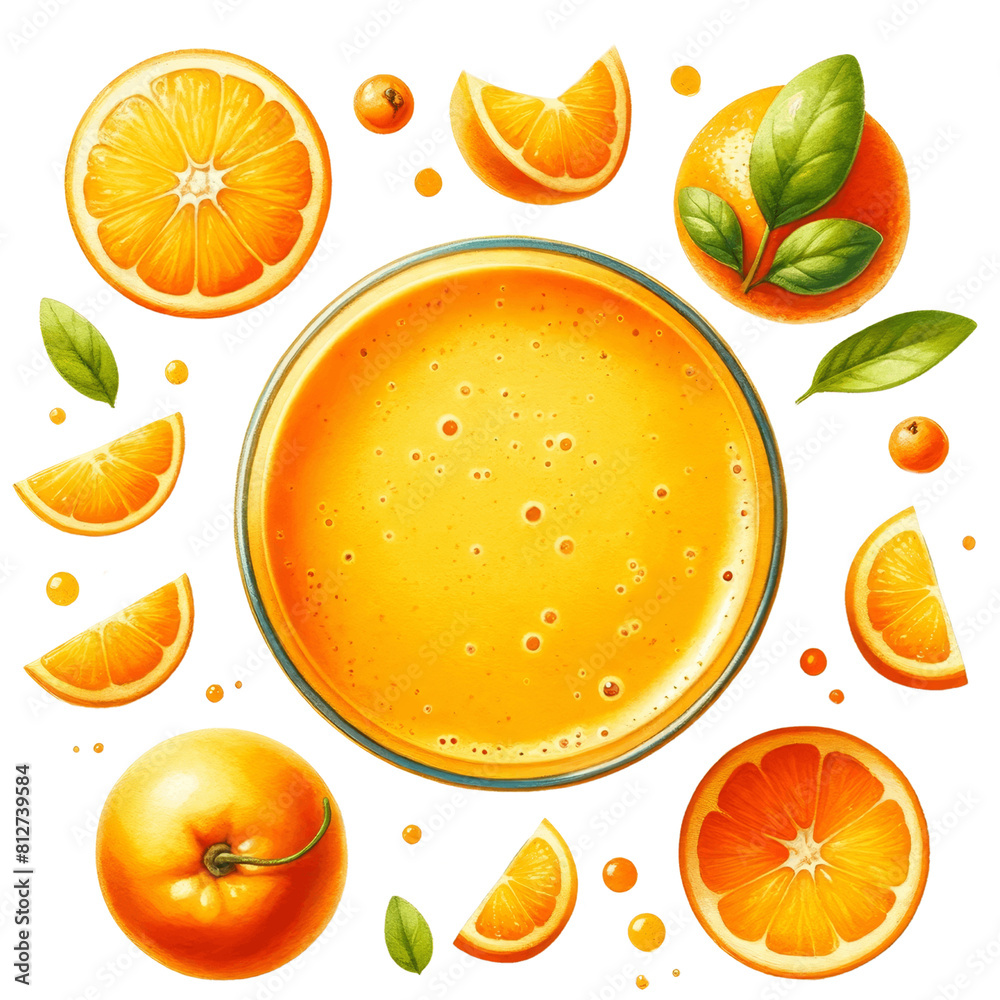 Top view of fresh orange juice with orange slices on a transparent background