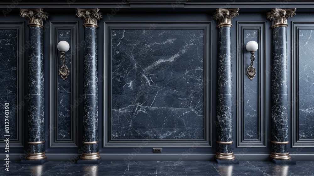 Gothic-Style Interior with Midnight Blue Walls, Black Marble Columns, Silver Filigree Decor, and Antique Sconces, Creating a Mysterious and Atmospheric Setting. Gothic-Style Interior with Midnight Blue Walls, Black Marble Columns, Silver Filigree Decor, and Antique Sconces, Creating a Mysterious and Atmospheric Setting.