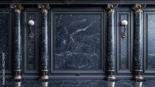 Gothic-Style Interior with Midnight Blue Walls, Black Marble Columns, Silver Filigree Decor, and Antique Sconces, Creating a Mysterious and Atmospheric Setting.