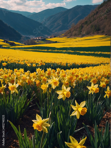 Vibrant Yellow Daffodil Fields with Mountainous Backdrop in Springtime