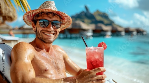 Happy retired elderly man sitting on a lounge chair, drinking a cocktail on the beach and enjoying his vacation. photo