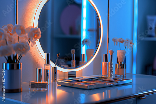 make up accessories, Step into the world of luxury and beauty with a captivating scene of a stylish makeup vanity adorned with a sleek mirror