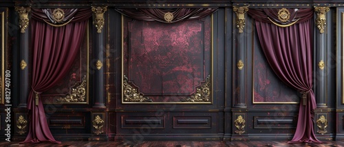 Luxurious Renaissance-Style Wall Backdrop with Maroon and Gold Damask Wallpaper, Dark Wooden Panels, and Velvet Curtains, Evoking Classical Elegance and Opulence.