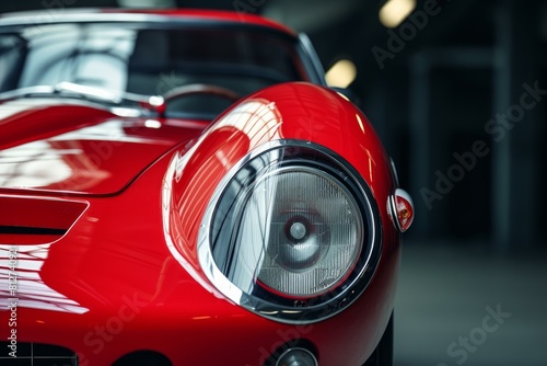 Closeup of a vintage red sports car headlight and elegant bodywork