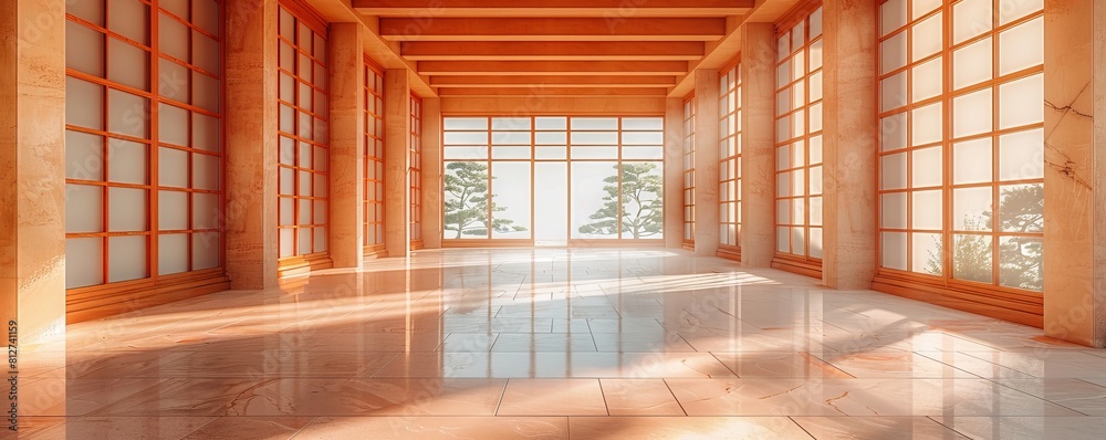 Serene Zen Hall with Sandstone Walls, Rice Paper Windows, Ideal for Wellness and Meditation Themes. Serene Zen Hall with Sandstone Walls, Rice Paper Windows, Ideal for Wellness and Meditation Themes.