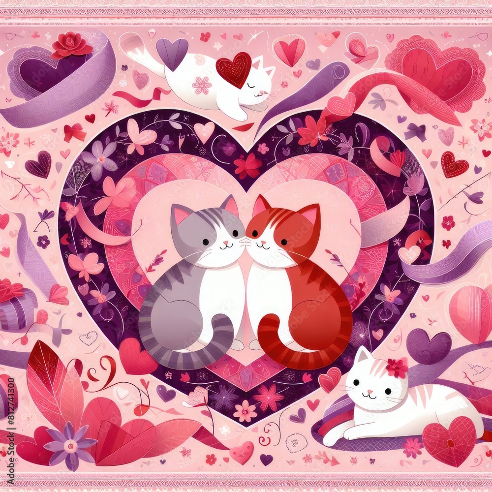 A heart shaped picture with cats and flowers image art realistic attractive lively illustrator. A heart shaped picture with cats and flowers image art realistic attractive lively illustrator.