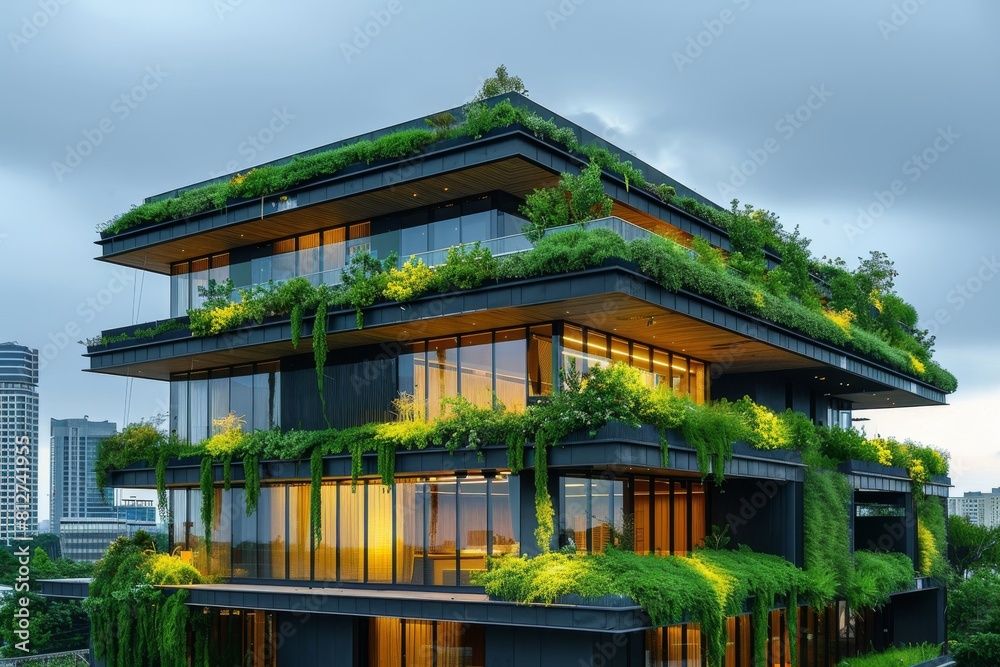 Environmental Sustainability, Eco-friendly Office Building with Green Roof and Energy-efficient Lighting Environmental Sustainability, Eco-friendly Office Building with Green Roof and Energy-efficient Lighting