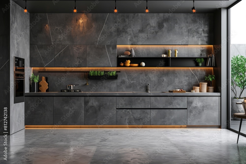 Modern Kitchen Mockup: A mockup of a modern kitchen with sleek cabinetry, minimalist countertops, and integrated appliances Modern Kitchen Mockup: A mockup of a modern kitchen with sleek cabinetry, minimalist countertops, and integrated appliances