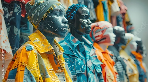 A group of mannequins wearing colorful and intricate clothing made of recycled materials.