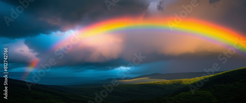 A dramatic rainbow arcs across a stormy sky, a beautiful contrast of weather and color © Anna