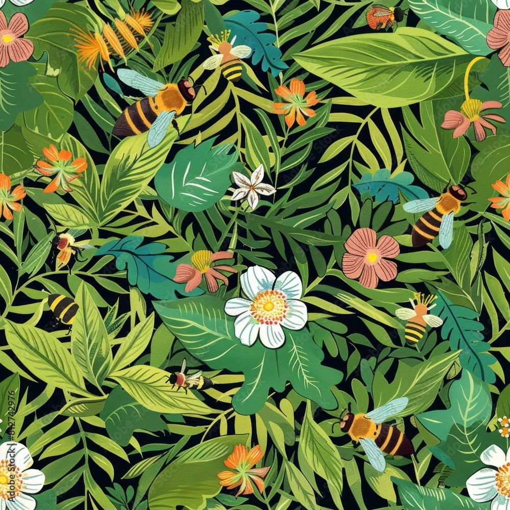 Vibrant Tropical Floral Pattern with Buzzing Bees Illustration Vibrant Tropical Floral Pattern with Buzzing Bees Illustration