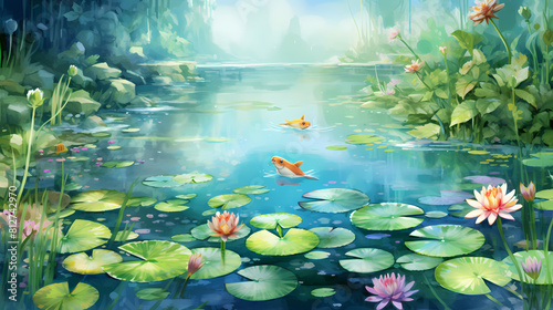 watercolor lily pad pond landscape oil painting abstract decorative painting