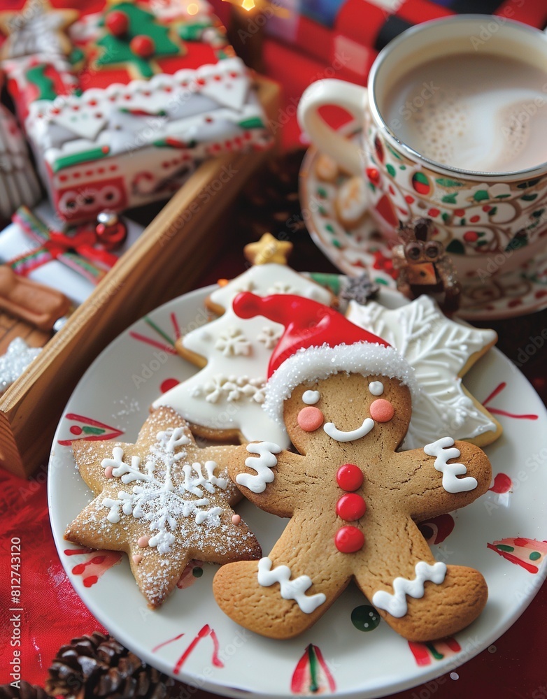 A plate of decorated gingerbread cookies and Christmas tree shaped sugar cookies were on the table.