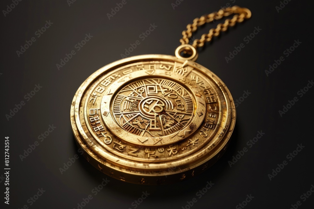 A shiny gold coin with a delicate chain wrapped around it. Perfect for financial concepts or luxury themes