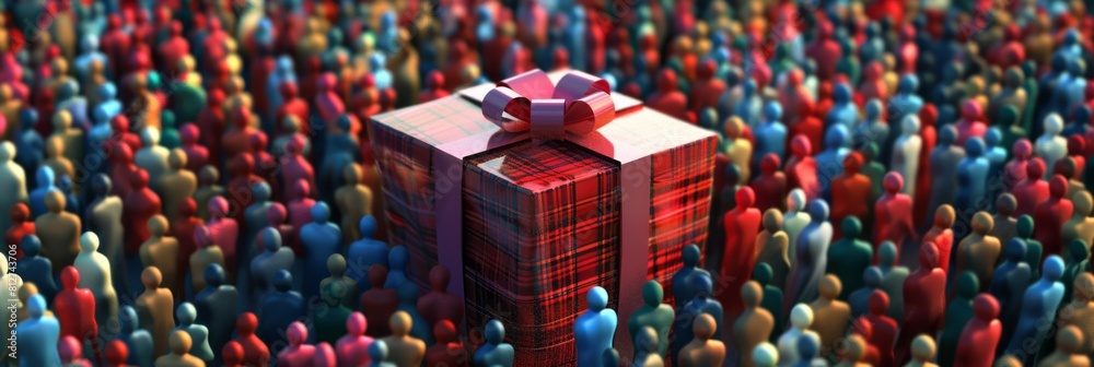 Obraz premium Concept or conceptual large community of people as the image of a present wrapped in a box. A 3d illustration metaphor for celebration, birthday, anniversary, holiday, christmas, surprise, friendship