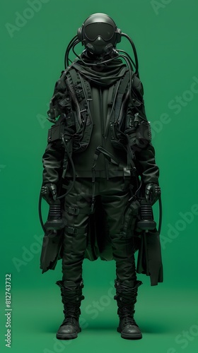 3D illustration of cyberpunk character on green screen. cyborg, humanoid, robot.
