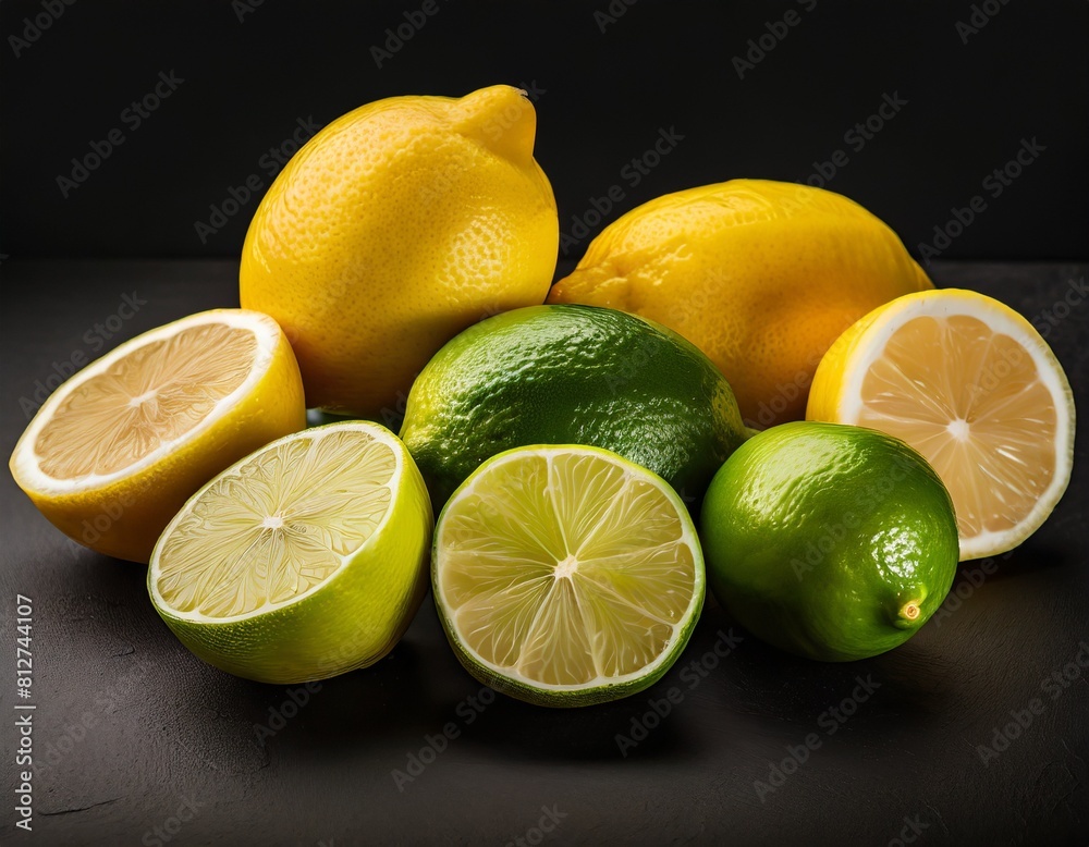 composition of whole and cut lemon, lime, grapefruit fruits on a black background composition of whole and cut lemon, lime, grapefruit fruits on a black background