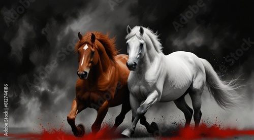 painting of two horses with red hair and black and white  majestic horses