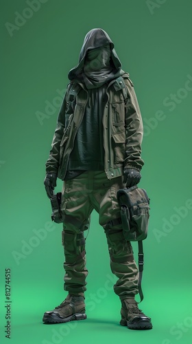 3D illustration of cyberpunk character on green screen. cyborg, humanoid, robot.