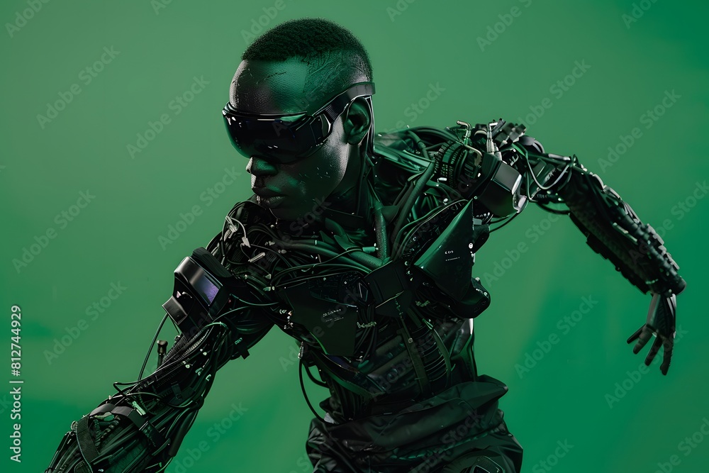 Naklejka premium 3D illustration of cyberpunk character on green screen. cyborg, humanoid, robot.