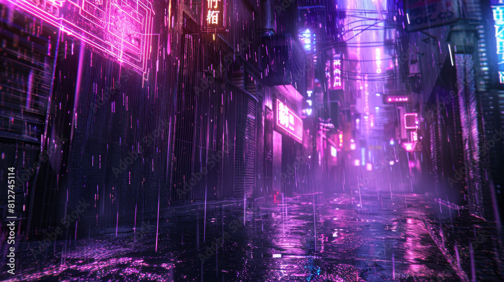 Futuristic urban alley with holograms and digital ads on rainy street.