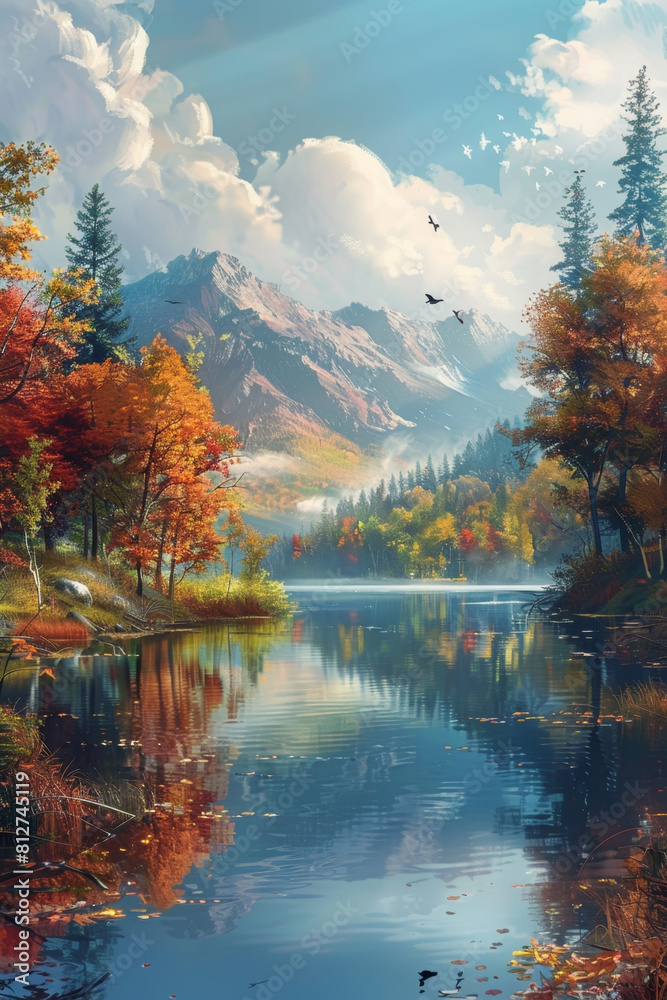 Naklejka premium A serene lake scene evolving through the seasons, teeming with life.