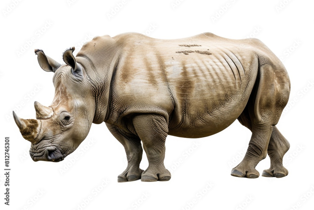Fototapeta premium A powerful rhino standing on a white surface. Perfect for wildlife and nature themes
